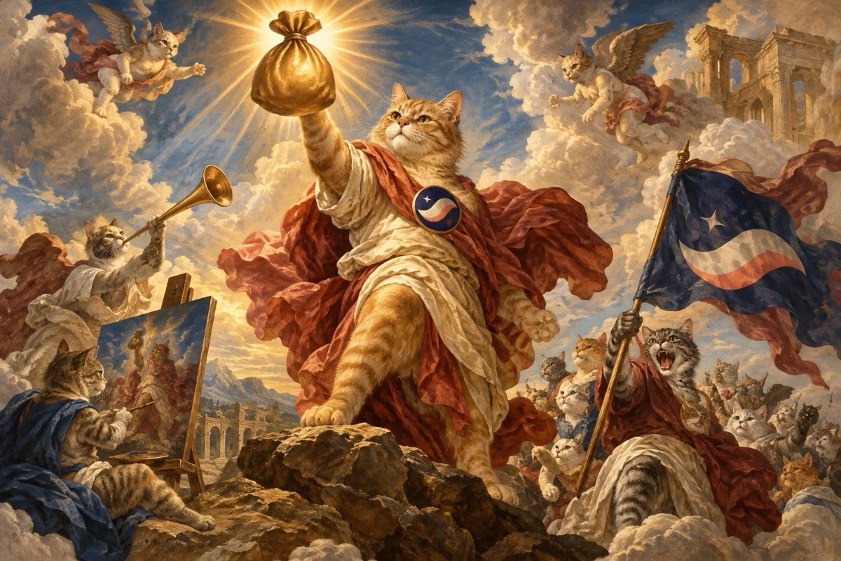 Renaissance painting of the Starknet Cat raising a golden bag while cats paint, sound a horn and charge with a Starknet banner