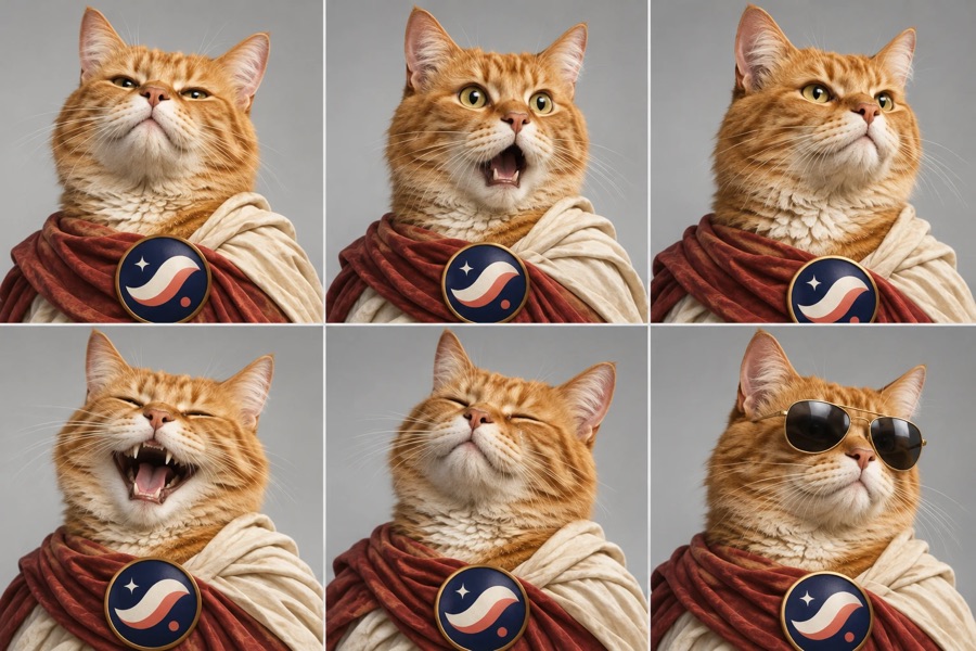 Starknet Cat expressions: smug, shocked, determined, laughing, emotional, sunglasses