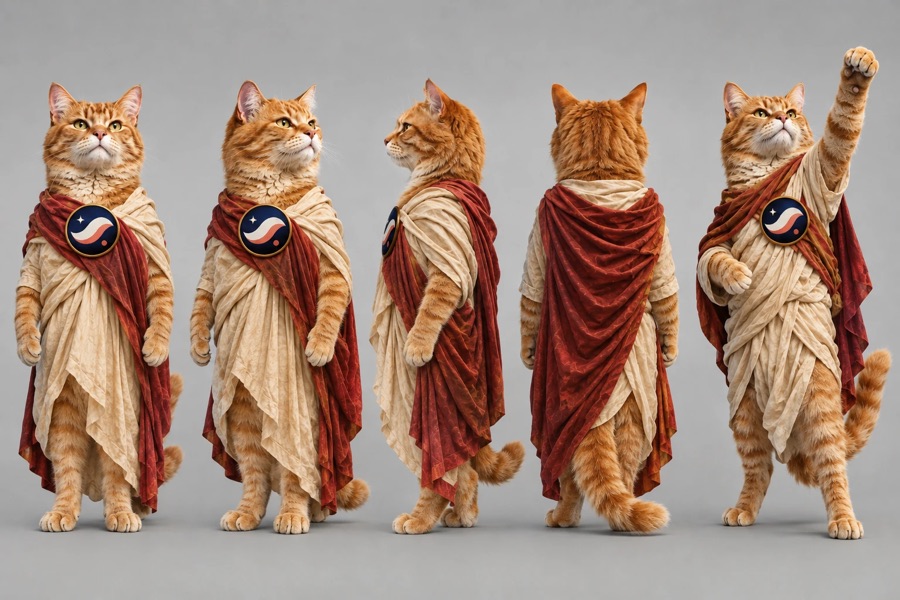 Starknet Cat character turnaround: front, three-quarter, side, back and full body